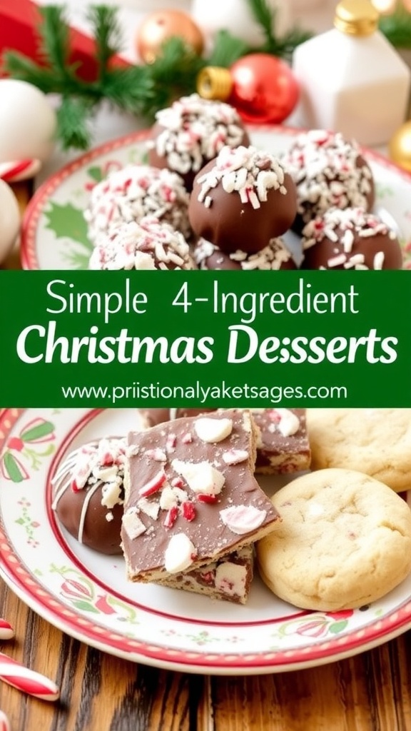 A variety of 4-ingredient Christmas desserts including chocolate truffles, peppermint bark, and sugar cookies on a festive plate.